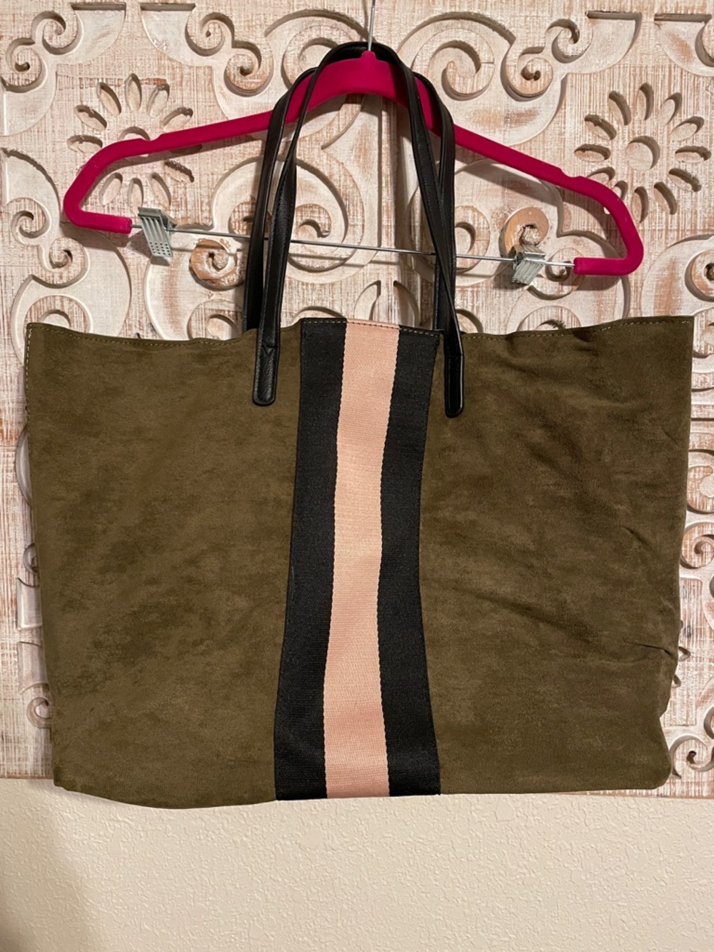 Olive Suede Tote with Pink and Black Center Stripe